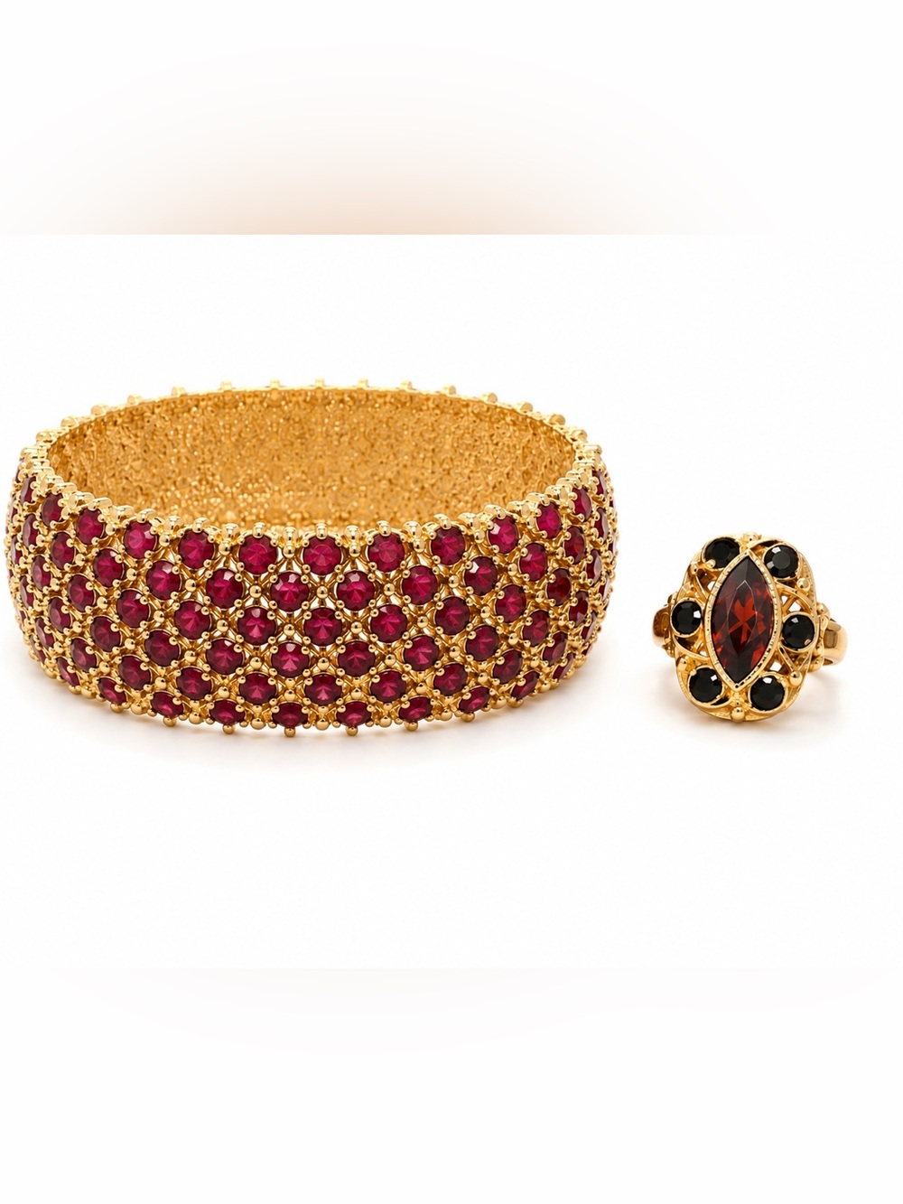 Gold-Tone Fuschia Crystal Wide Cuff Bracelet and Ring